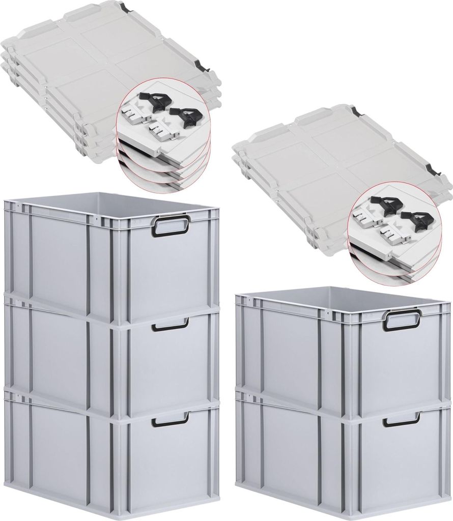 SuperSparSet 5x Eurobox NextGen Color mit Scharnierdeckel und Schiebeschnappverschlüssen | HxBxT 32x40x60cm | 65 Liter | Grau | Griffe schwarz ges...