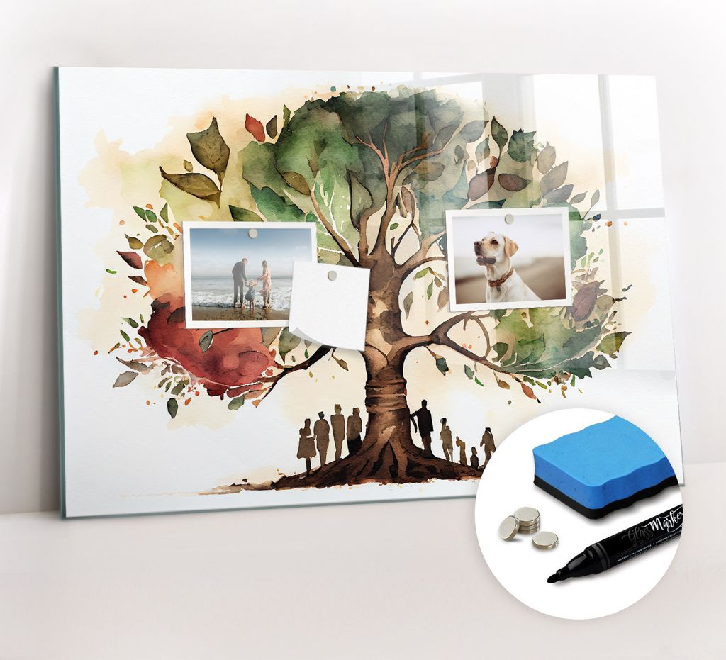 Magnetpinnwand Memoboard - Zubehörsatz - Schwarzer Marker + Schwamm + Magnete - 60 x 40 cm - Familienstammbaum