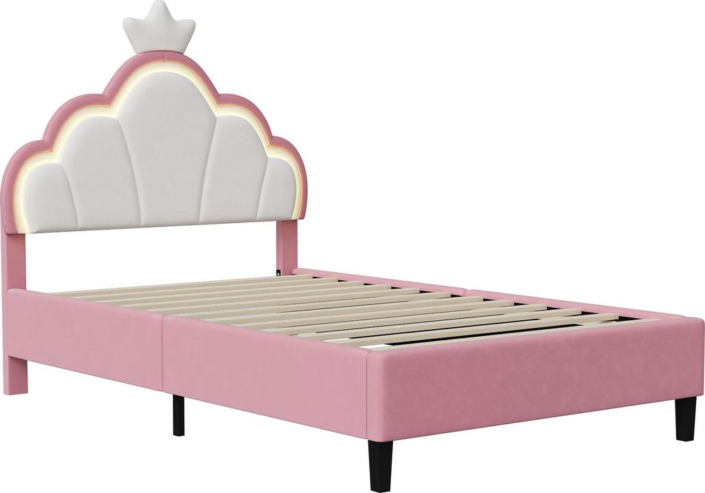 Princess Cloud Bett - Polsterbett für Kinder mit LED Kopfteil - 90x200 cm - Stauraum - Samtbezug - Rosa