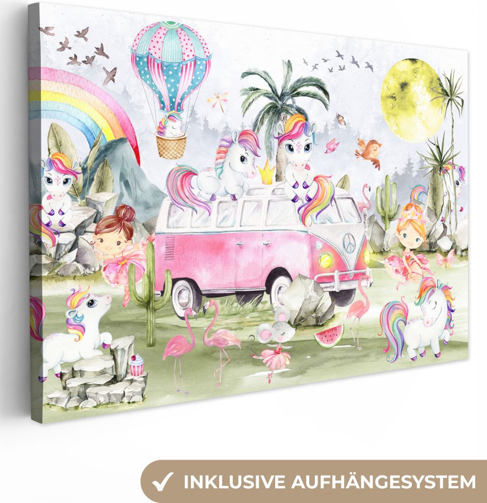 MuchoWow - Leinwandbilder - Einhorn - Regenbogen - Kinder - Mädchen - Auto, Wandbild, Wanddeko Bilder Wohnzimmer, 90x60 cm