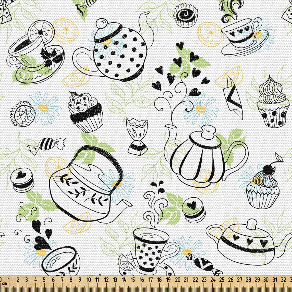 ABAKUHAUS Tee-Party Gewebe als Meterware, Hand gezeichnete Doodle Style Teekannen Tassen und Süßigkeiten Herzen Blumen Getränke, 5 M (148 x 500 ...