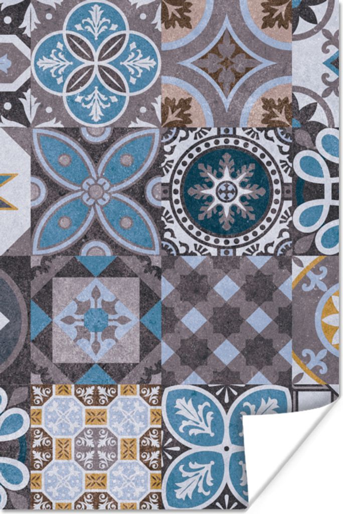 MuchoWow Poster Blumen - Muster - Blau - Braun 40x60 cm - Plakate für die Wand - Poster Babyzimmer