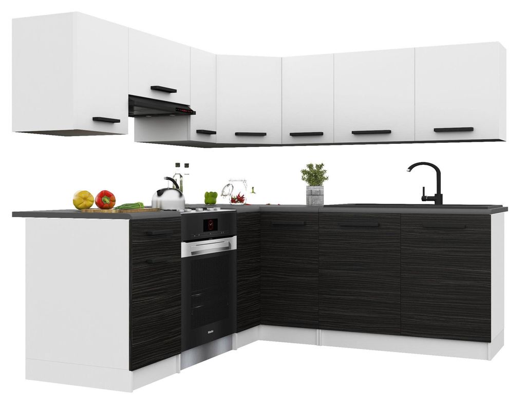 Belini Moderne Küchenzeile Küchenblock ITALIA 6 - Küchenmöbel 360cm Weiß-Ebenholz - Einbauküche mit Hängeschränke, Unterschränke & Arbeits...