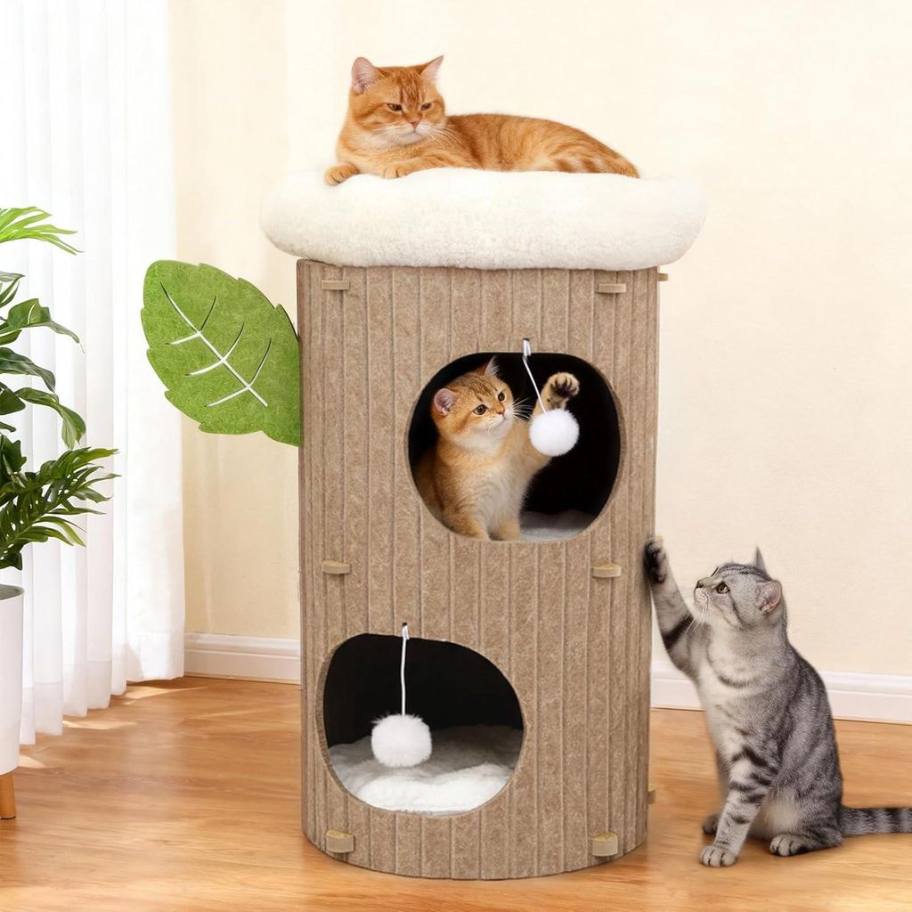 3-stöckige Kratztonne XL für Katzen bis 20 kg, mit 2 Höhlen, Kratzbrett & waschbaren Matten, stabiler Katzenturm, Beige