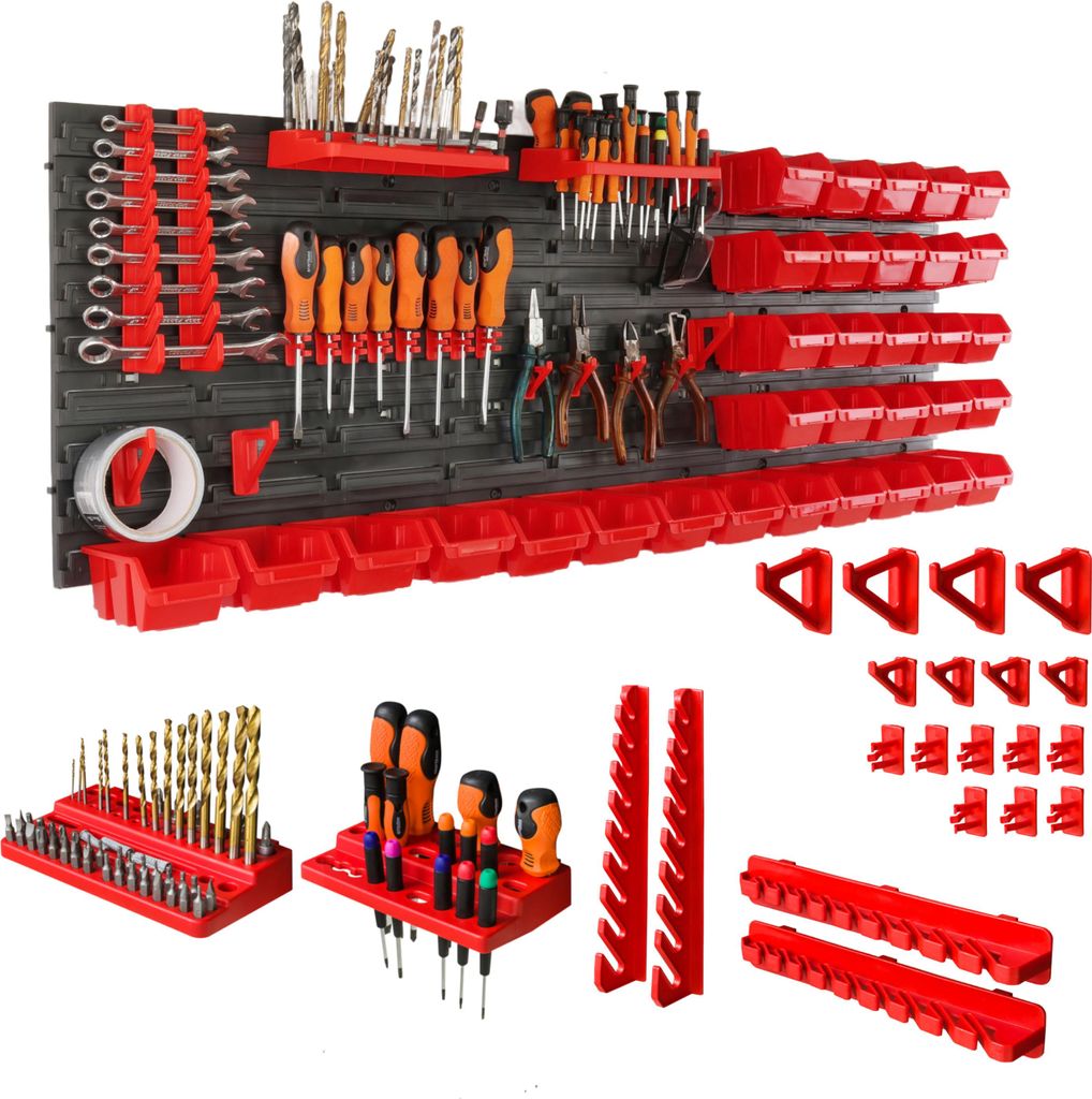botle Werkzeugwand Lochwand aus Kunststoff, Stapelboxen + Wandregal + Werkzeughalter 68-teiliges Set, Kleinteilelager 116 x 39 cm, Wandwerkstatt ...