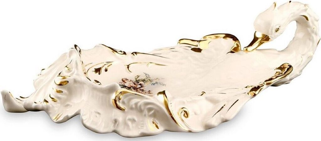 Casa Padrino Barock Serviertablett Schwan mit Blumen Elfenbeinfarben / Gold / Mehrfarbig 54 x 30 x H. 16 cm - Handbemaltes Keramik Tablett im Baroc...