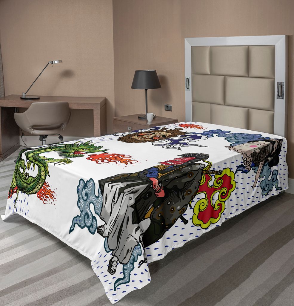 ABAKUHAUS Drachen Bettlaken, Japane Manga Figuren Drachen Mit Feuer Ein Mann Mit Kimono Geisha Stammesfiguren, weiches bequemes oberes Bettlaken f...