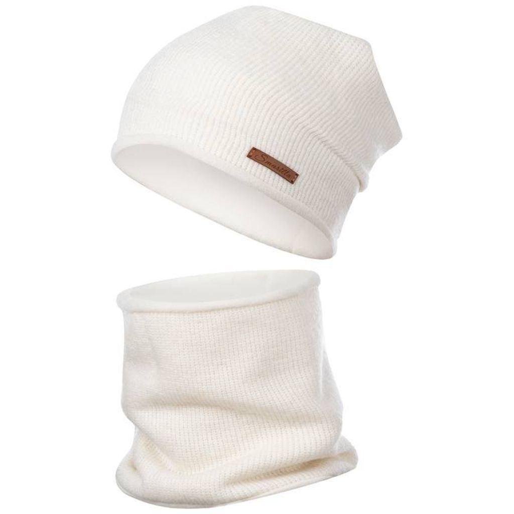 Wintermütze + Schlauchschal Winterset Beanie Strickmütze Strickschal Snood Fleece, Creme, Gr. 54-56