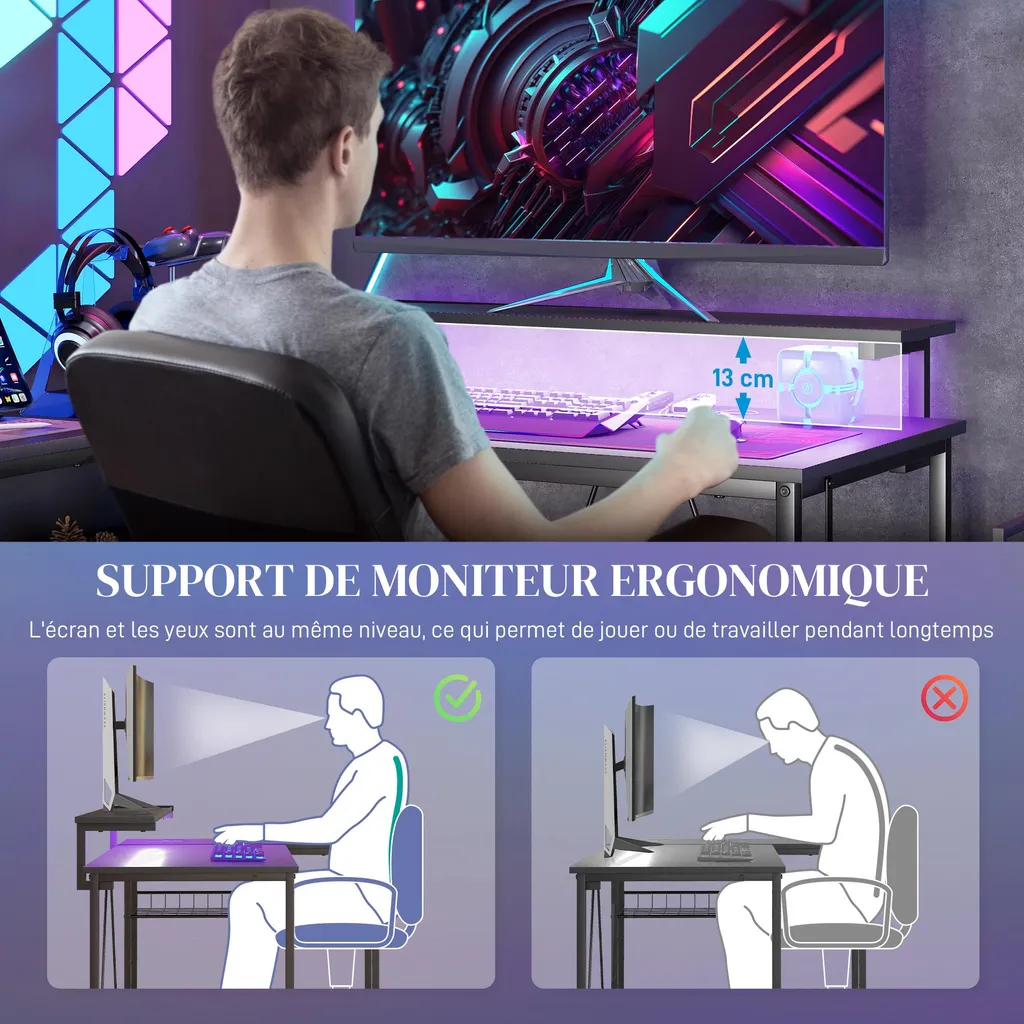 Bureau d'angle réversible HOMCOM avec LED et support d'écran noir