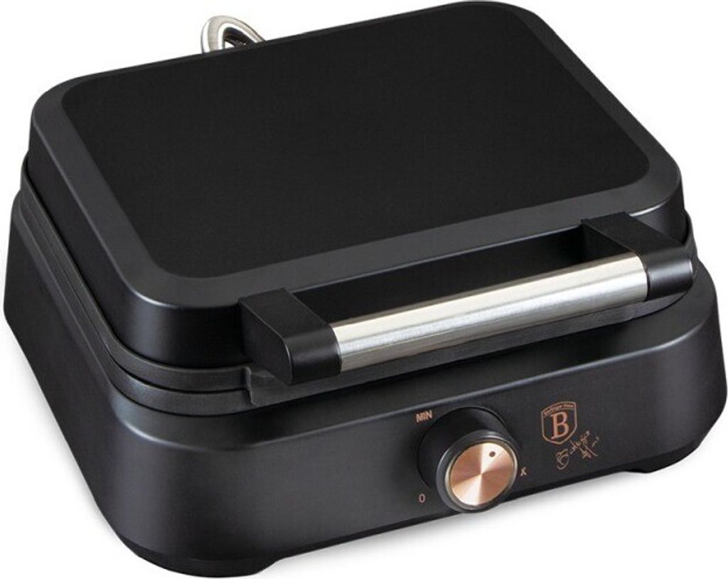 A black waffle maker with rose gold accents is shown from a slightly elevated front-left angle on a white background.