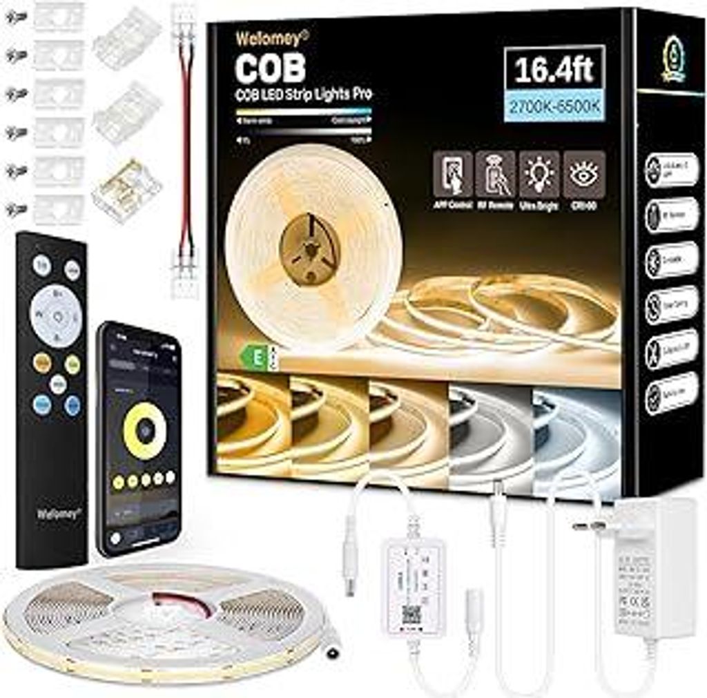 COB LED Streifen 5M, APP Steuerung, LED Streifen Warmweiss Kaltweiß 2700K-6500K, 24V Dimmbar Flexible LED Strip Set mit Fernbedienung und Netzteil...