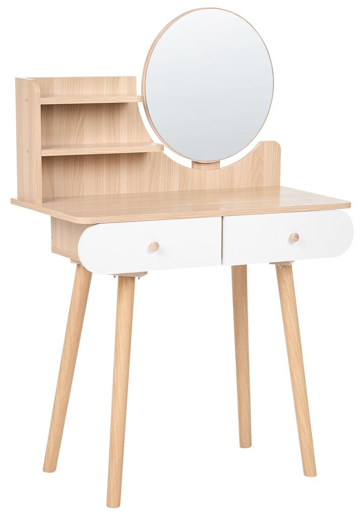 BELIANI Schminktisch Hellbraun u. Weiß MDF-Platte mit Holzbeinen 2 Schubladen Ablage Runder Spiegel Skandinavisches Design Frisiertisch Make-Up Tisch