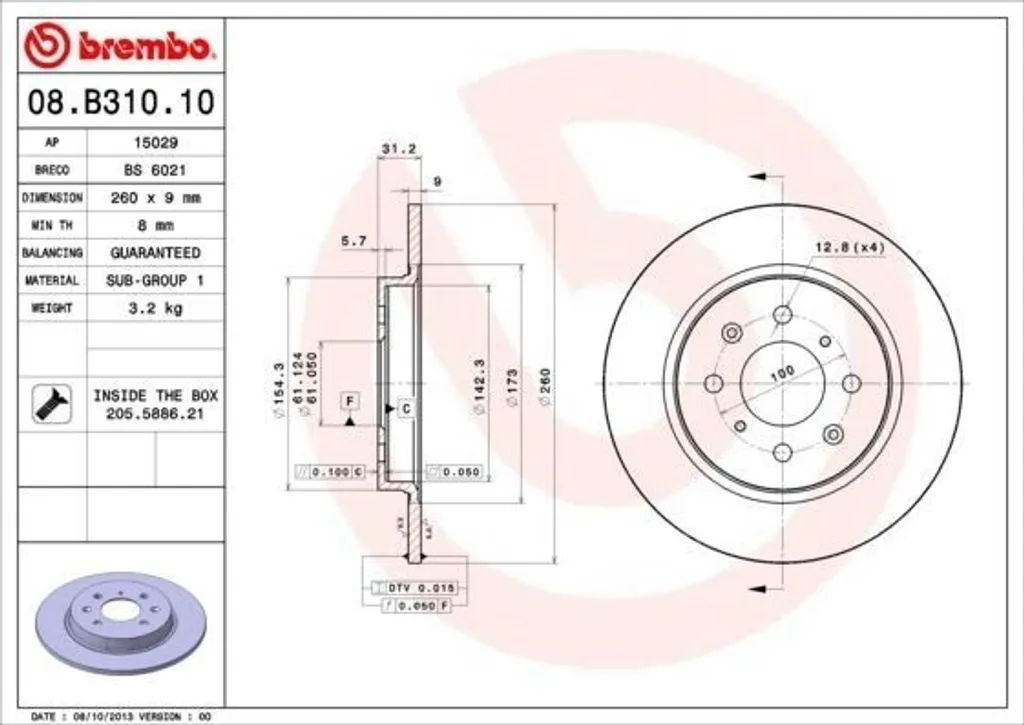 Disque de frein arrière plein Brembo 08.B310.10 compatible Jazz III
