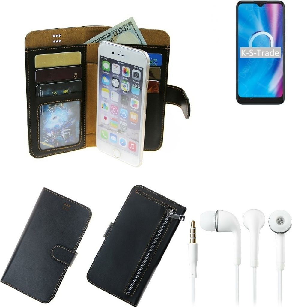 TOP SET Handy Hülle Schutz Hülle kompatibel mit Alcatel 1V (2020) schwarz aus Kunstleder + Kopfhörer Smartphone Tasche vollwertige Geldbörse