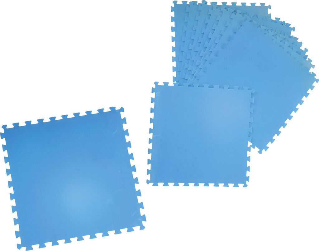 A stack of blue interlocking foam mats on a white background.