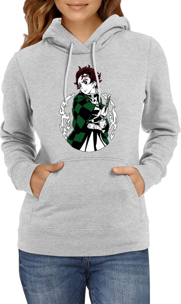 Damen Kapuzenpullover Demon Anime Slayer Tanjiro Kamado 013, Lady 2XL / Grau