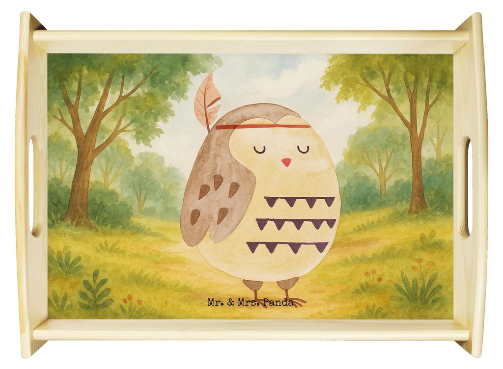 Mr. & Mrs. Panda Tablett Eule Federschmuck Design - Weiß - Geschenk, zum servieren, Dekoration, Dekotablett, Holztablett, Owl, Servier, Abenteuer,...