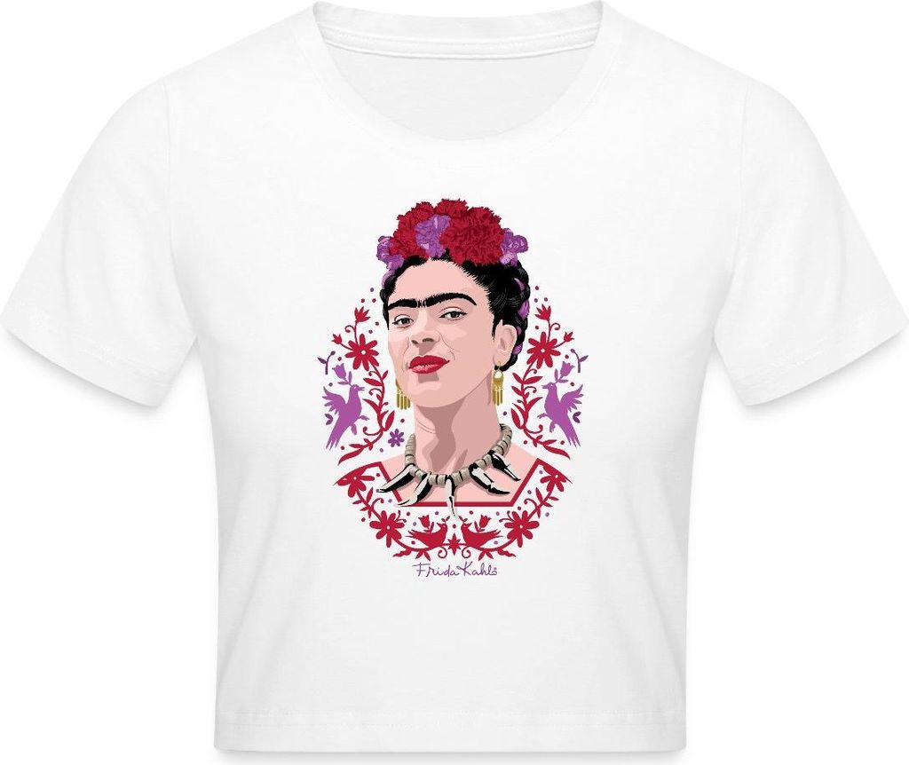 Spreadshirt Frida Kahlo Portrait Mit Blüten Lila Und Rot Crop Top, XL, Weiß
