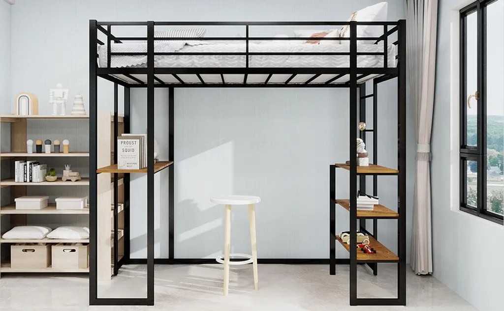Sweiko Lit Cadre Fer Enfant/Ado Bureau L Escalier Réversible Noir