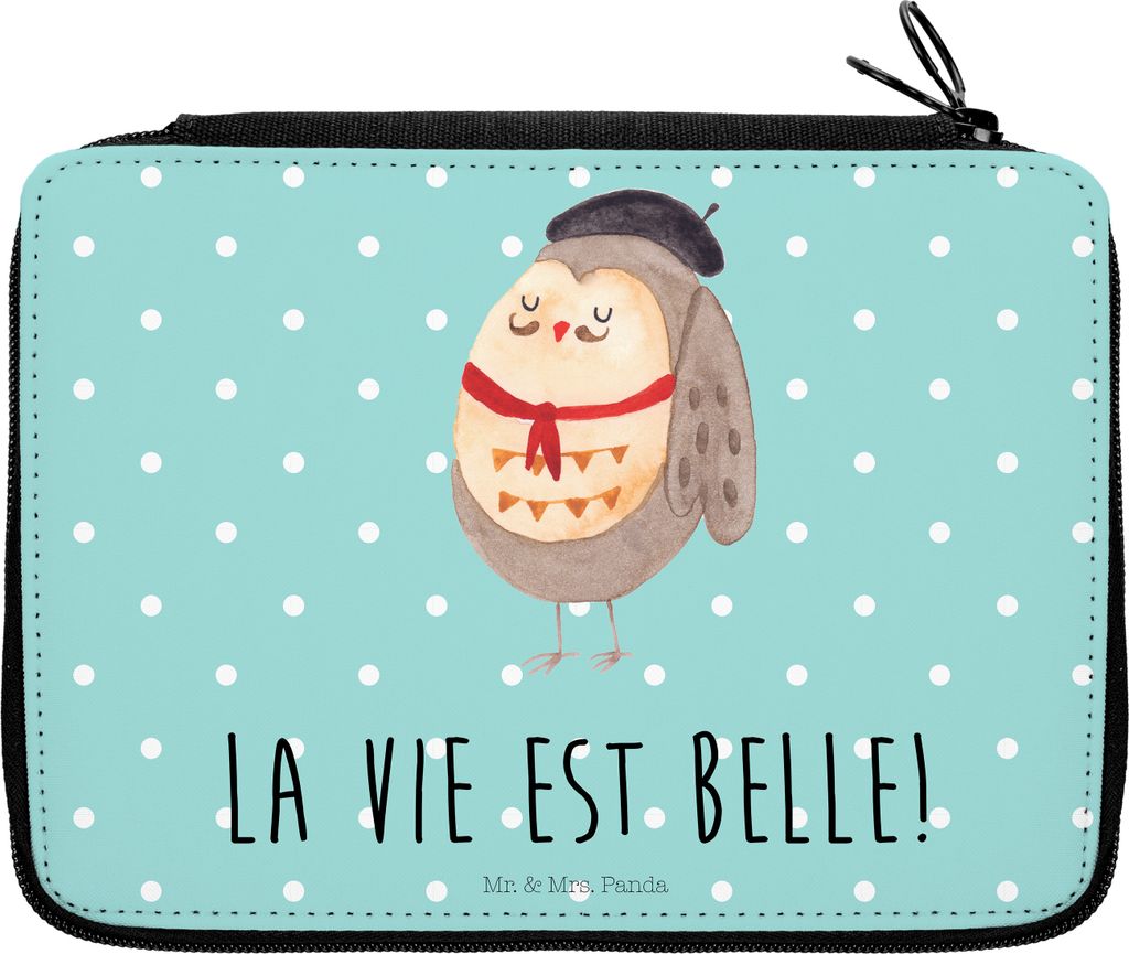 Mr. & Mrs. Panda Bleistiftetui Eule Frankreich - Türkis Pastell - Geschenk, Französisch, Federtasche, Etui für Stifte, Mäppchen, Spruch, La Vie...