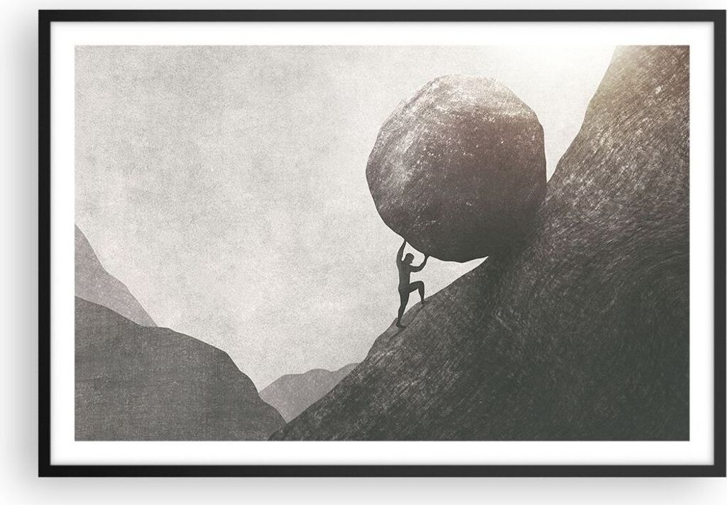 Gerahmtes Poster - Schwarzer Rahmen - Sisyphus Arbeit Stein - 91,5x61 cm - Wand Bild - Wanddeko - Wandbilder - Kunstposter - Wandposter - Bilderrah...