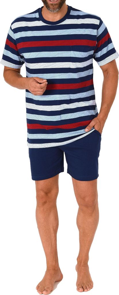 Herren Schlafanzug kurzarm Shorty Pyjama in einer tollen Streifenoptik ; marine , 48