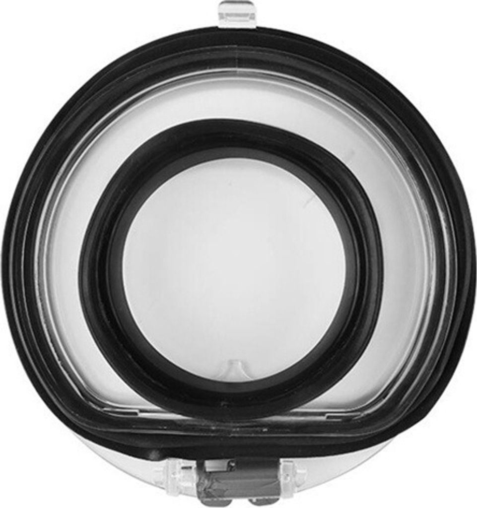 A close-up, top-down view of a clear plastic component with a black rubber seal, likely a part of a vacuum cleaner.