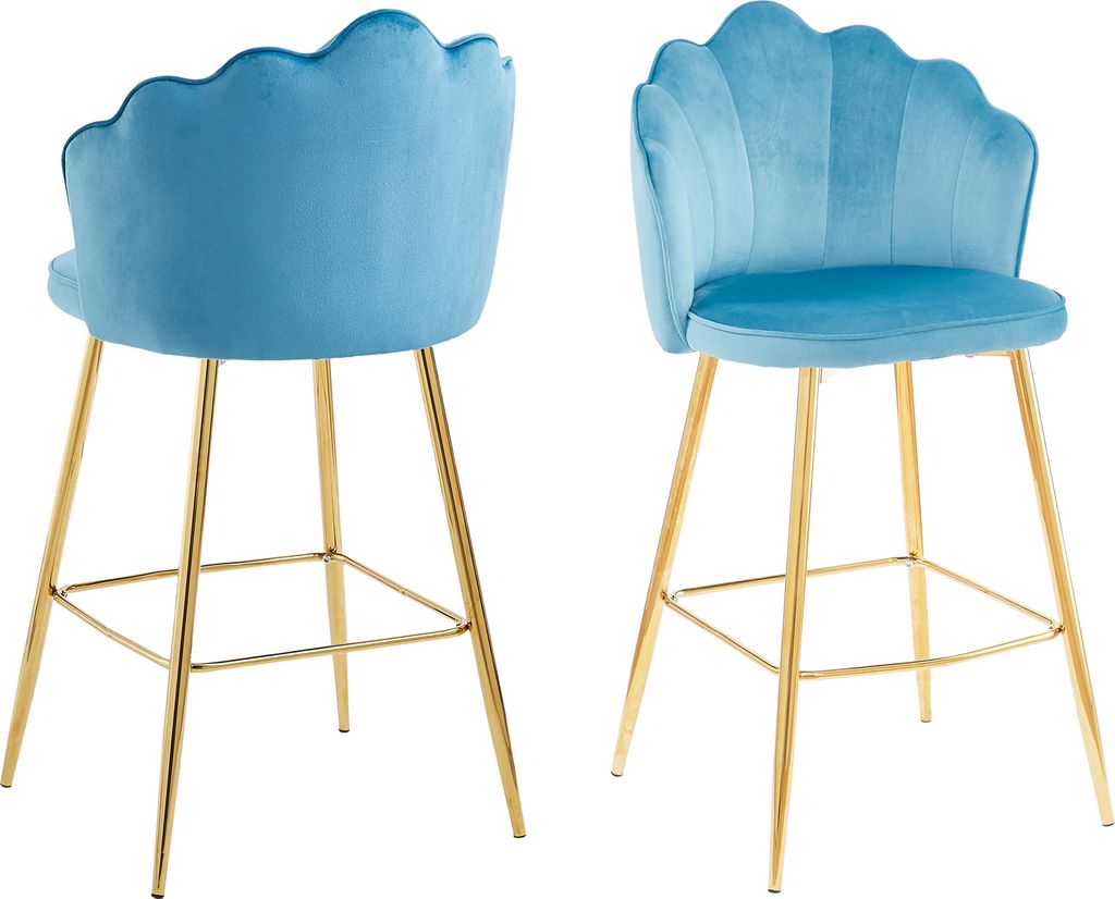 Two blue velvet bar stools with gold metal legs are shown from different angles against a white background.