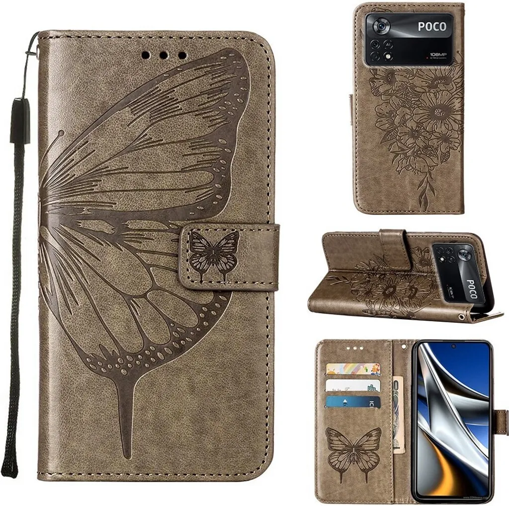 Custodia Grigio Farfalla per Poco X4 Pro 5G | Cover Pelle Flip
