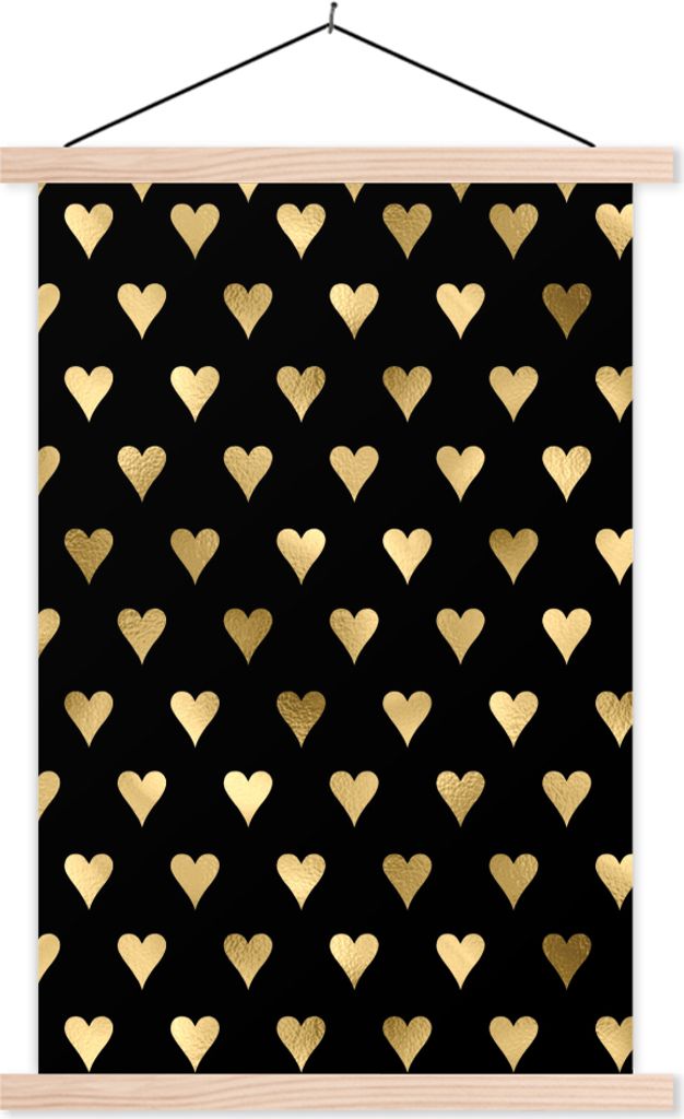 MuchoWow Textilposter Muster - Herz - Gold 120x180 cm mit holzfarbenen Rahmen - Textil-Plakat