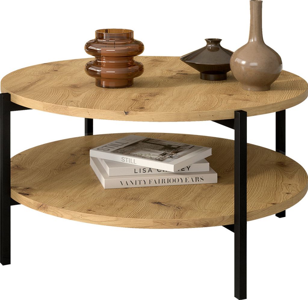 A two-tiered round coffee table with decorative items on top and books on the bottom shelf.