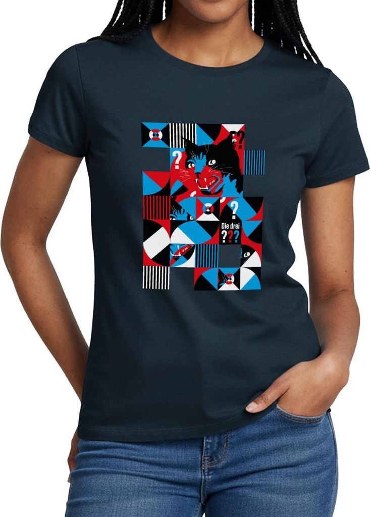Spreadshirt Die Drei Fragezeichen Abstraktes Katzen Design Frauen T-Shirt, M, Navy