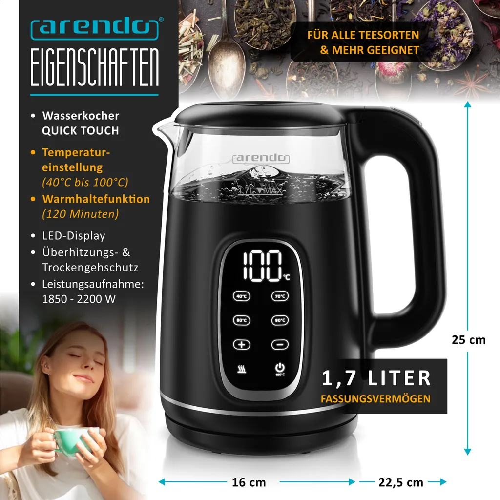 Bouilloire Arendo en verre et inox avec réglage de température 1,7L - 2