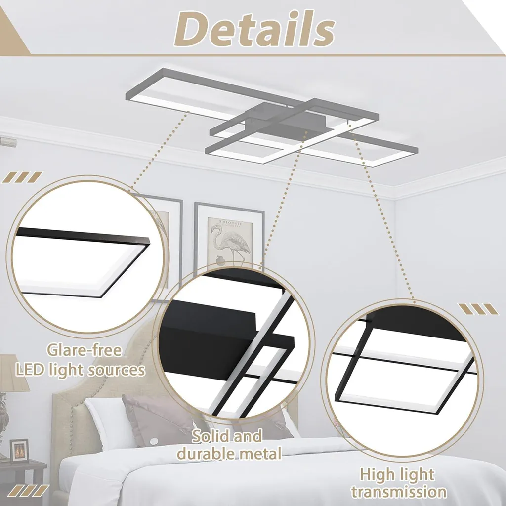 JOIEYOU Plafonnier LED 72W à Intensité Variable 3 Rectangles en Métal