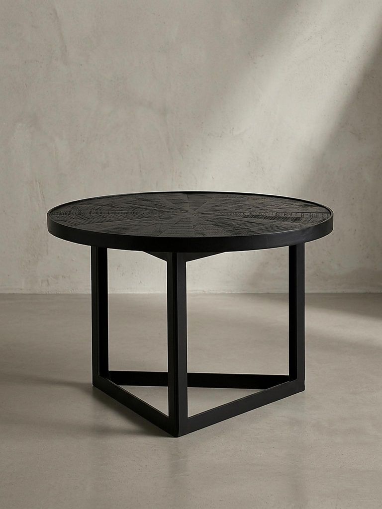 Couchtisch 58x58x40 cm Mango Massivholz / Metall Schwarz Sofatisch Rund, Design Wohnzimmertisch Industrial, Kaffeetisch Wohnzimmer Massiv mit Holzm...