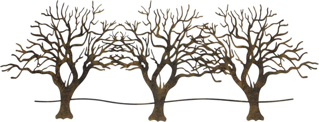 Three bare trees are depicted against a white background.