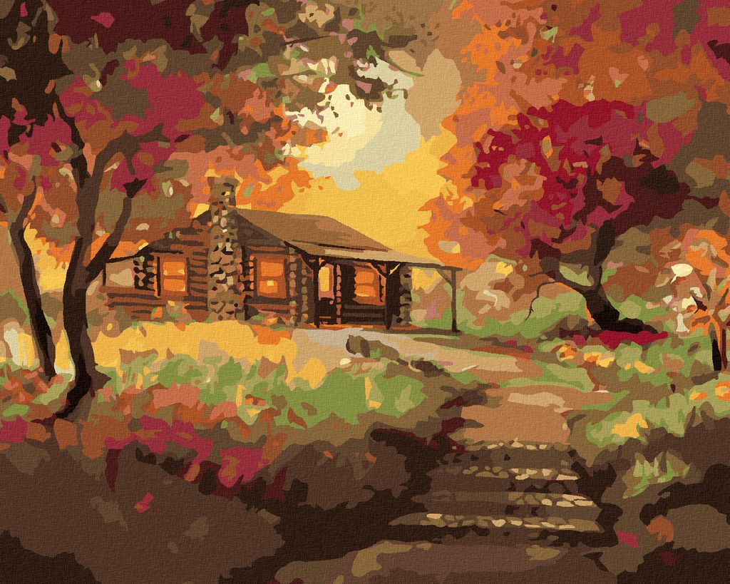 Zuty - Malen nach Zahlen - BLOCKHAUS BEIM SONNENUNTERGANG IM HERBST (D. RUSTY RUST), 40x50 cm, ohne Keilrahmen
