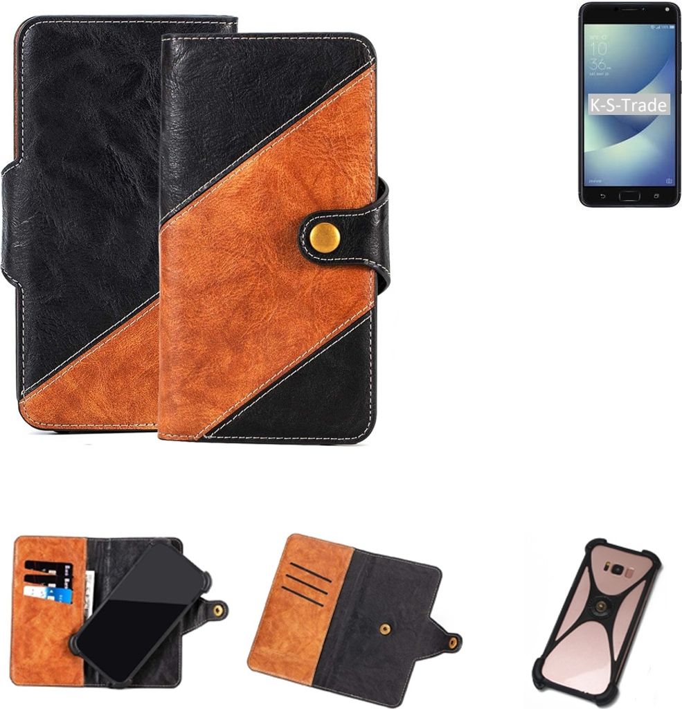 K-S-Trade Handyhülle Schutzhülle Bookstyle Case Wallet-Case kompatibel mit Asus ZenFone 4 Max Handy Cover Bumper Klapphülle schwarz hellbraun 1x