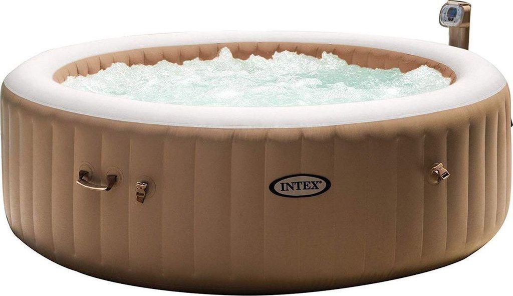 An inflatable hot tub filled with water and bubbles, shown from a slightly elevated side angle against a white background.