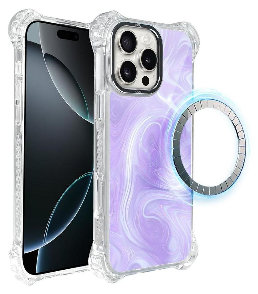 Schutzhülle für das iPhone 16 Pro Max, MagSafe-kompatibel, verstärkte Ecken, transparente Seiten, violettes Muster, Wirbel