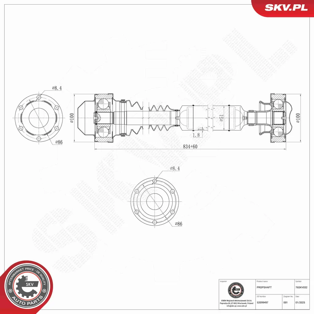 Arbre de transmission Jeep Grand Cherokee II 52099497 - Anti-vibration