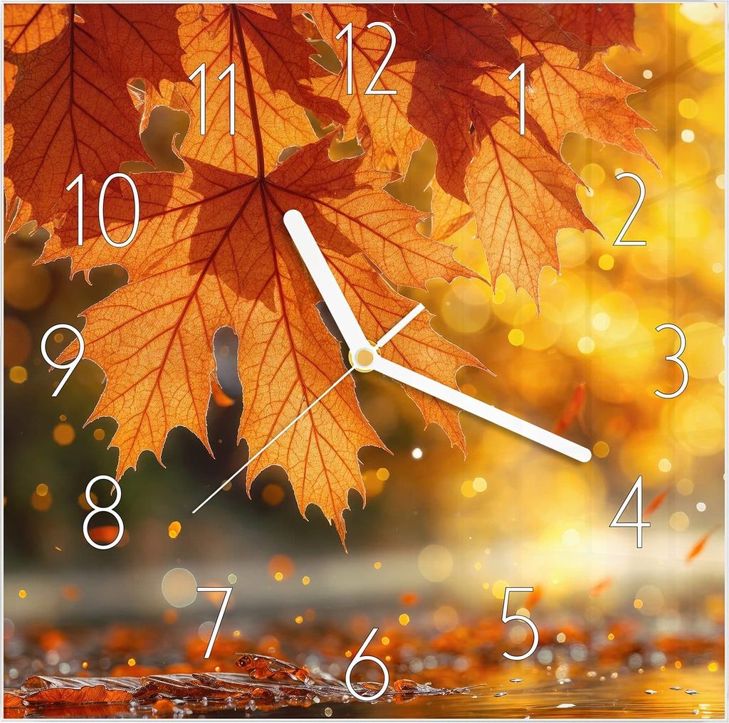 Wanduhr aus Glas mit Motiv Herbstblätter- 30 x 30 cm - inkl. Aufhängesystem