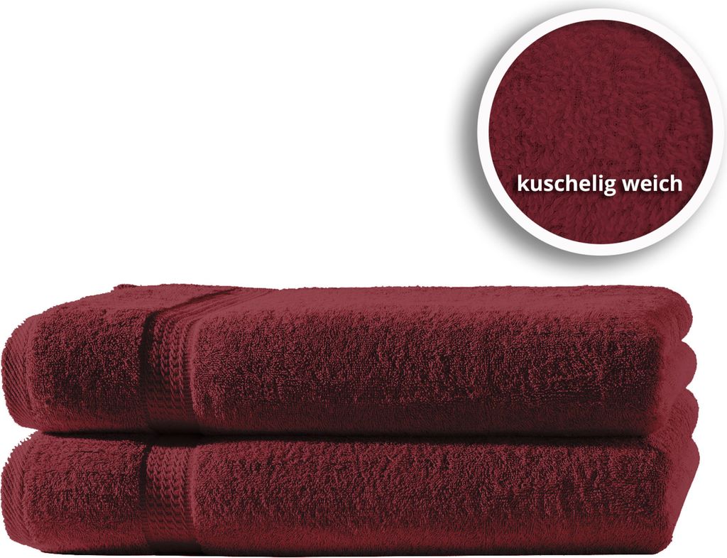 2er Set Gästetücher Handtücher Duschtücher Badetücher Frottee 100% Baumwolle, Farbe:Bordeaux, Größe:Handtücher 50x100 cm