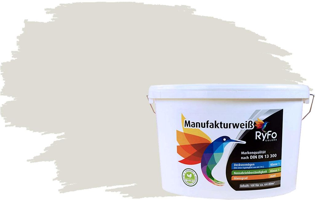 RyFo Colors Bunte Wandfarbe Manufakturweiß Weißgrau 10l - weitere Grau Farbtöne und Größen erhältlich, Deckkraft Klasse 1, Nassabrieb Klasse 1