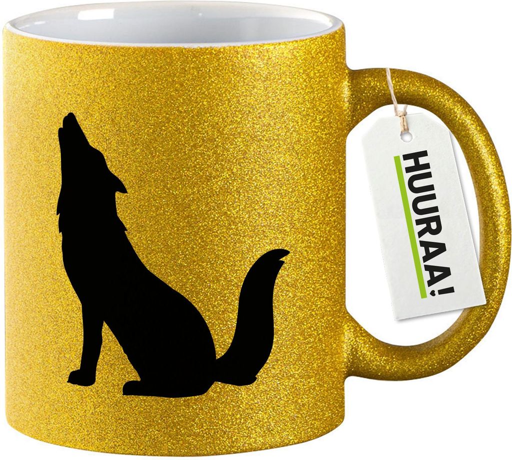 Huuraa Glitzertasse Heulender Wolf Silhouette 330ml Gold Keramik Kaffeebecher Geschenkidee