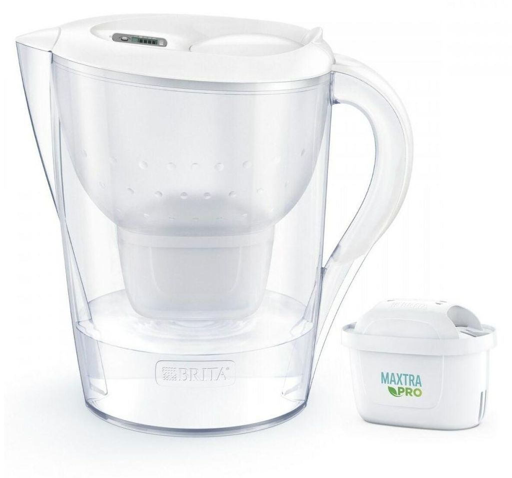 A Brita water filter pitcher and a replacement filter are shown against a white background.