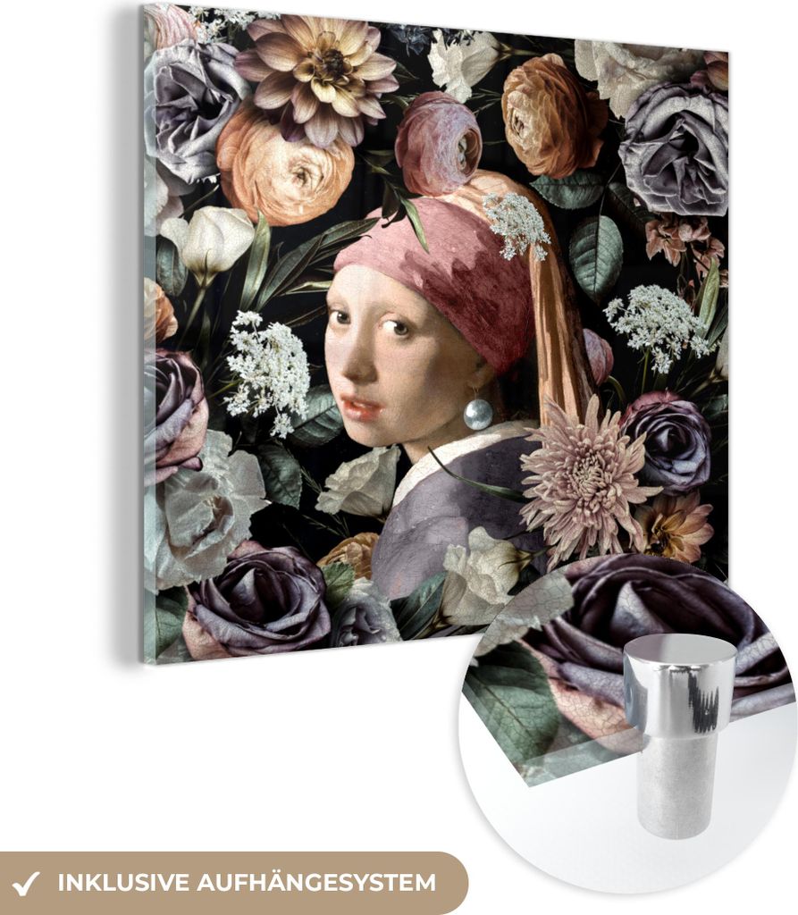 MuchoWow Glasbilder - Bilder auf Wandbild - Foto auf Glas Mädchen mit Perlenohrring - Blumen - Vermeer - Pastell - Kunstwerk - Gemälde - Alte Mei...