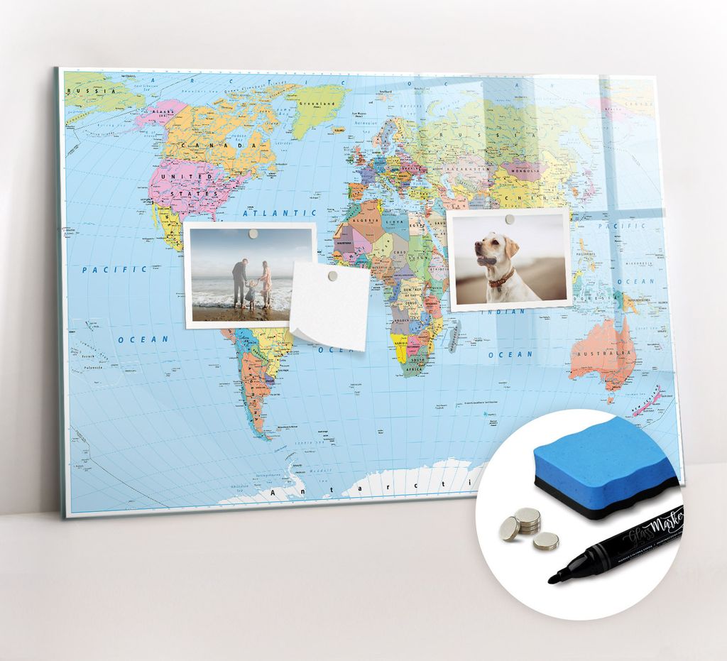 Magnetpinnwand Memoboard - Zubehörsatz - Schwarzer Marker + Schwamm + Magnete - 60 x 40 cm - Politische Weltkarte