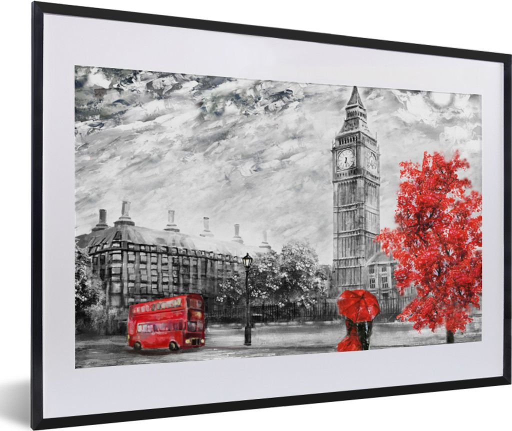 MuchoWow Gerahmtes Poster Gemälde - Big Ben - Rot - Regenschirm 60x40 cm - Poster mit Schwarzem Bilderrahmen Wandposter Rahmen Foto Bilder - Sch...