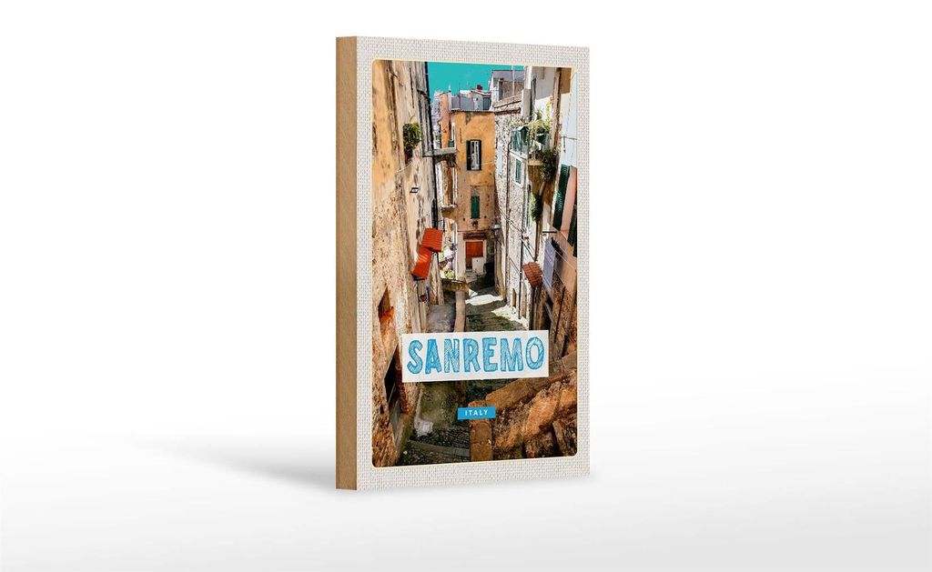 Holzschild Reise 12x18 cm Sanremo Italien Altstadt Gebäude